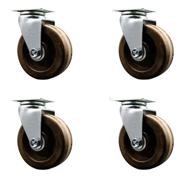 5'' High Temp Phenolic Wheel Swivel Caster Set with Bronze Bearings, 4PK